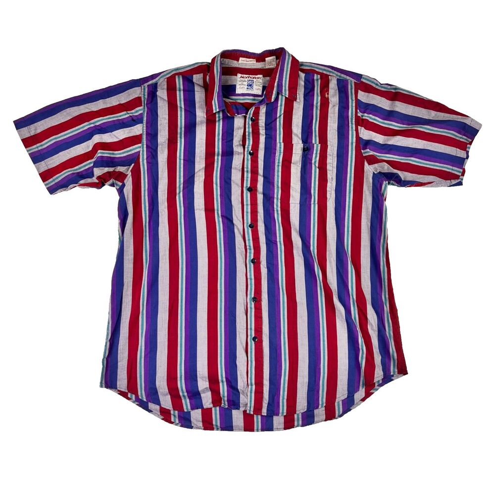 Vintage Manhattan Mens XLT Short Sleeve‎ Button Down Shirt Vertical Stripes